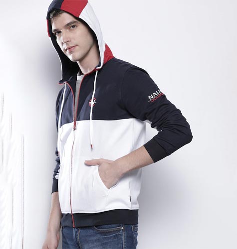 Men Navy Blue & White Colourblocked Hooded Sweatshirt